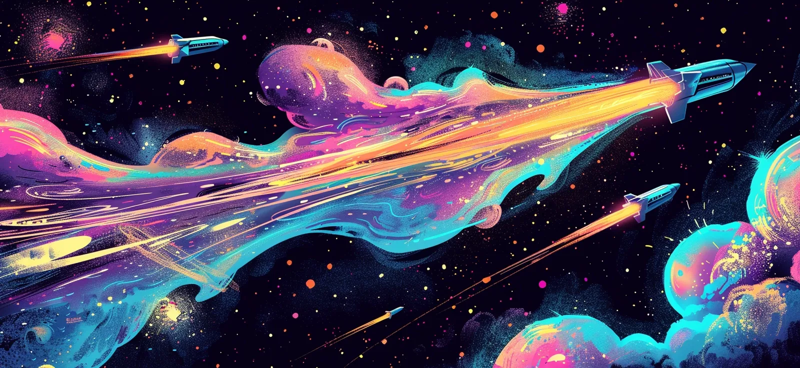 Three rockets streaking through deep space, leaving long neon trails of pink, cyan and gold across a black starfield.