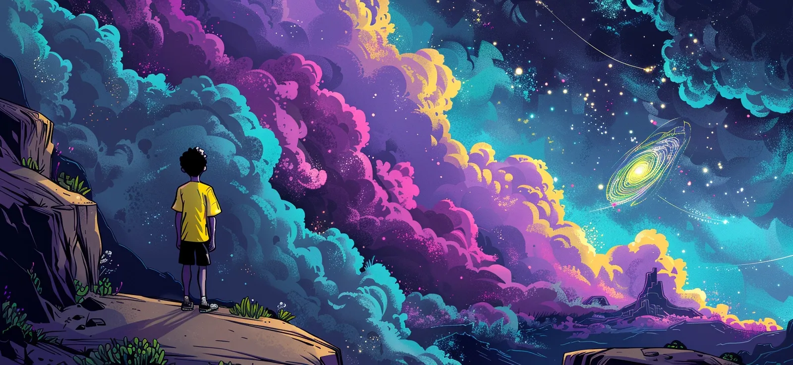 A child in a yellow shirt stands on a rocky ledge, looking out at towering clouds in magenta, teal and gold with a spiral galaxy on the horizon.