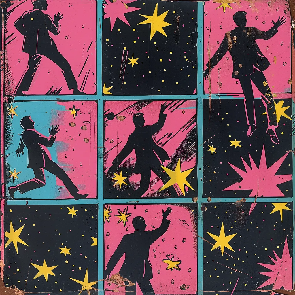 A nine-panel comic grid in pink, black and yellow: a suited silhouette runs, reaches and leaps between panels of stars and starbursts.