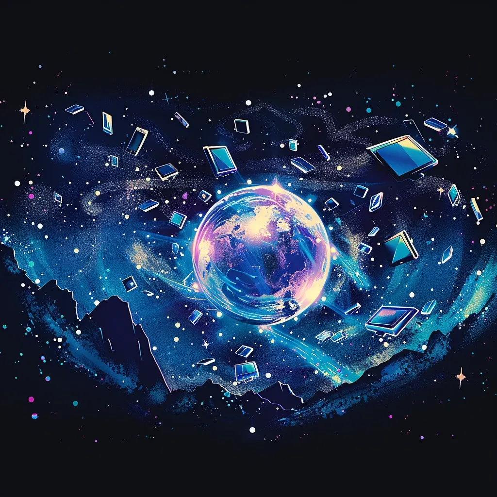 A luminous planet floats at the centre of a dark starfield, ringed by drifting phones, tablets and laptops.