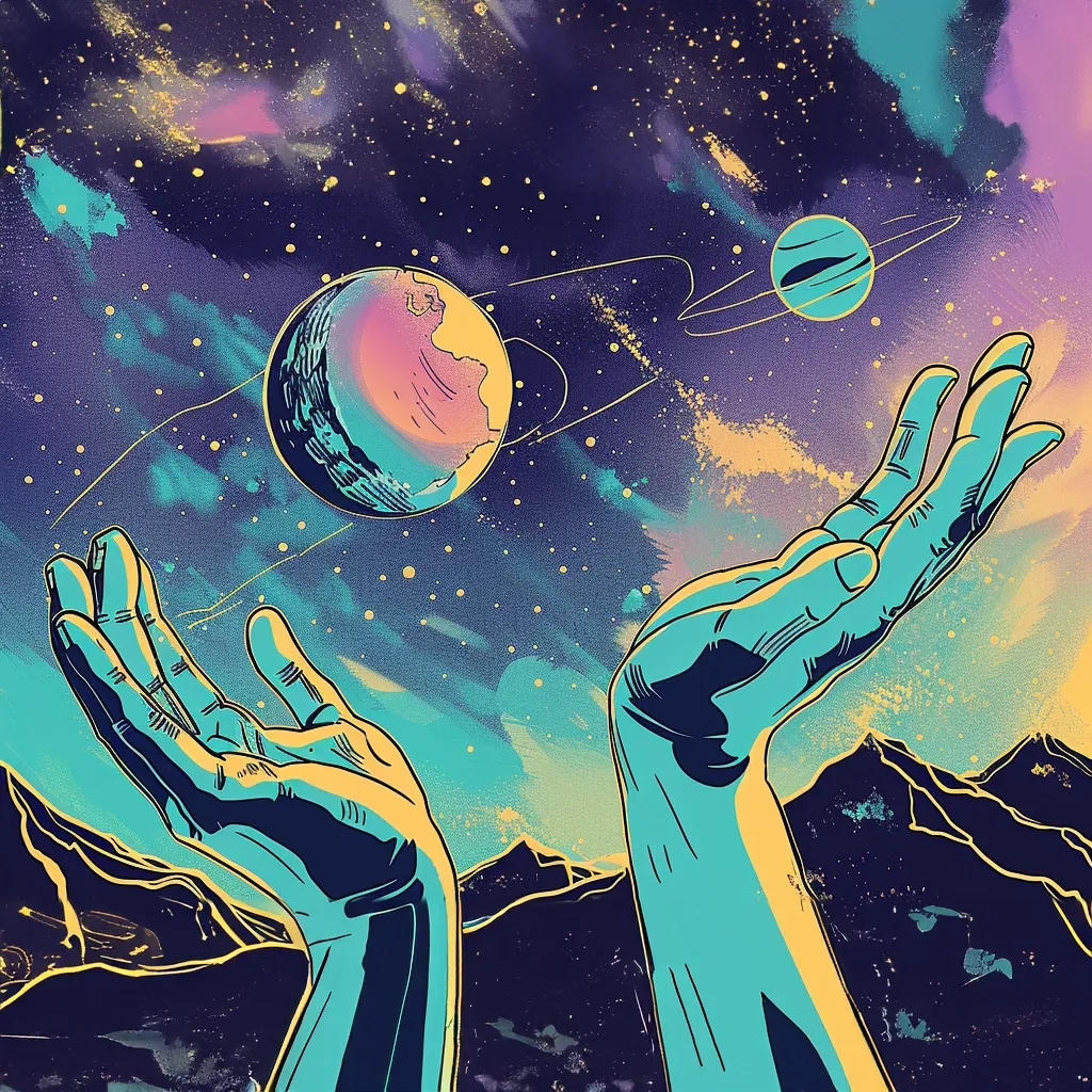 Two cyan hands reach upward toward two planets in a violet and gold sky, with mountains below.