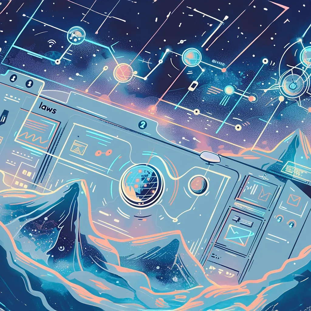 Illustrated interface panels in pale blue and coral float above a mountain landscape, connected by a network of nodes and lines against a starry sky.