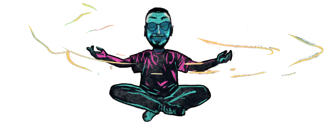 Illustrated figure with a beard and sunglasses sitting cross-legged in a meditation pose, arms open, drawn in cyan and magenta with gold motion streaks.